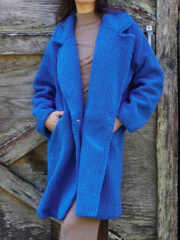 Cobalt Blue Textured Oversized Teddy Coat Women's Long Jacket